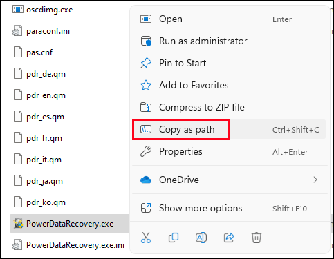 select Copy as path for an app on Windows 11